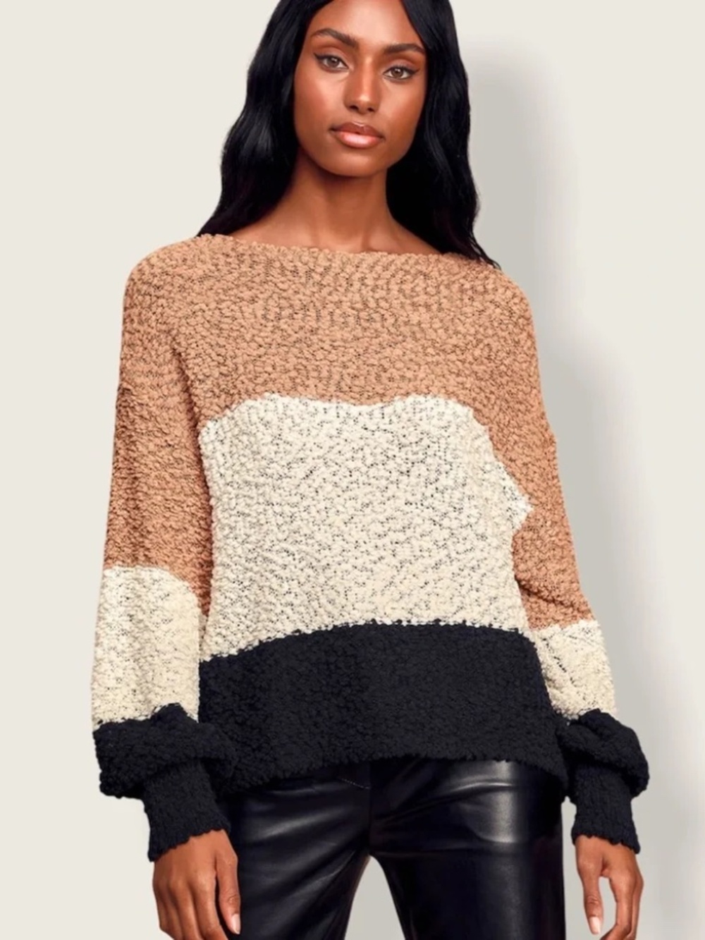 Lulu’s Always Be Together Colorblock Popcorn Sweater in Camel Ivory & Black Sz M